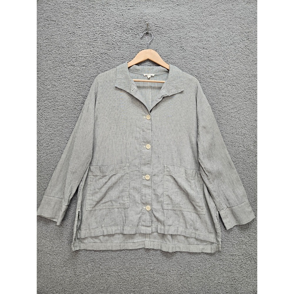 Eileen Fisher Button Down Shirt Small Gray Striped Organic Cotton Linen Boxy